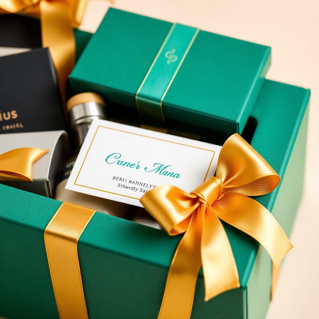 Tarjeta personalizada sobre caja esmeralda con lazo dorado